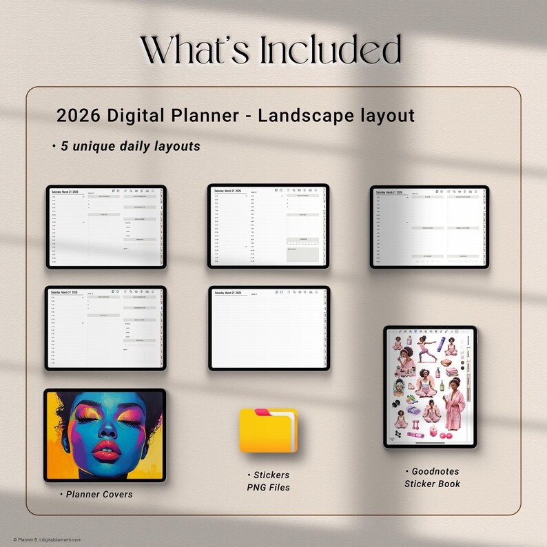 May include: An image showcasing a digital planner with various layouts and included items. The text reads "What's Included" and lists a 2026 digital planner with a landscape layout, 5 unique daily layouts, planner covers, stickers in PNG files, and a Goodnotes sticker book.