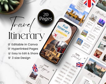 Plantilla de itinerario de viaje a Londres: Planificador personalizable de Canva (Descarga digital)