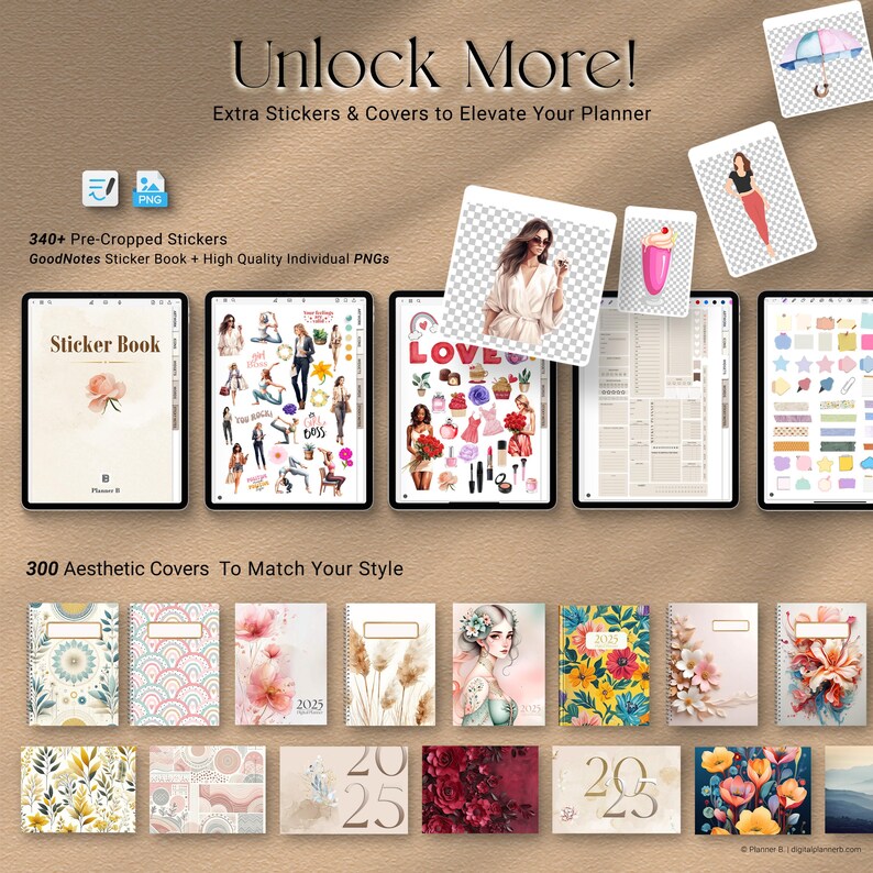 Digital sticker book and 300 aesthetic planner covers – pre-cropped PNGs for Goodnotes, perfect for customizing your planner