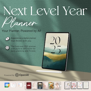 Peut inclure: Un planificateur numérique avec un fond de paysage vert et jaune. Le planificateur est alimenté par l'IA et comprend des outils pour la planification quotidienne et la forme physique. Le texte "Next Level Year Planner" est affiché en haut de l'image. Le texte "2025" est affiché sur le planificateur.