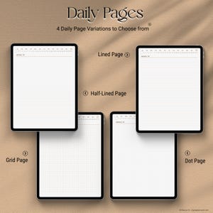 May include: Image of four digital tablet screens displaying different page variations: lined, half-lined, grid, and dot pages. The text "Daily Pages" and "4 Daily Page Variations to Choose from" are at the top.