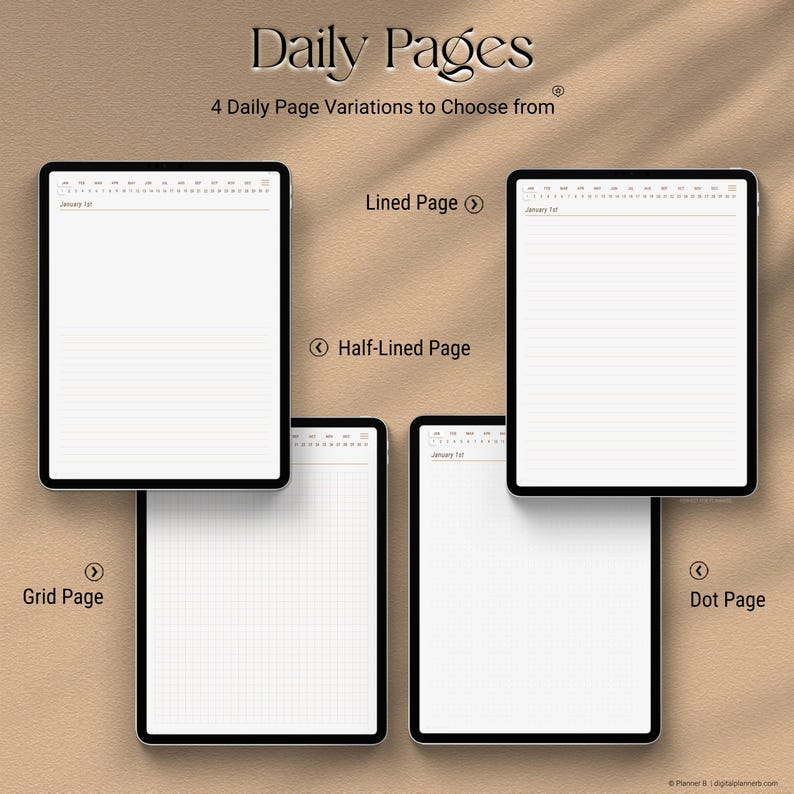 May include: Image of four digital tablet screens displaying different page variations: lined, half-lined, grid, and dot pages. The text "Daily Pages" and "4 Daily Page Variations to Choose from" are at the top.