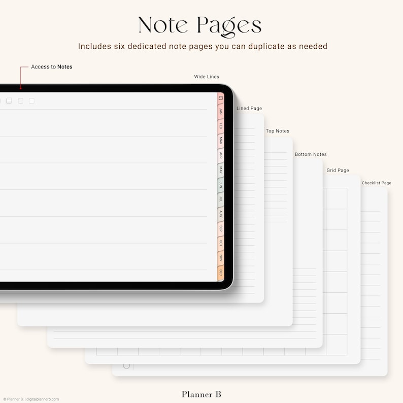 Pu&ograve; includere: Planner digitale con cornice nera, che mostra pagine di note. L'immagine include il testo "Note Pages" e "Includes six dedicated note pages you can duplicate as needed." Sono visibili diverse pagine bianche, etichettate come "Lined Page", "Top Notes", "Bottom Notes", "Grid Page" e "Checklist Page."