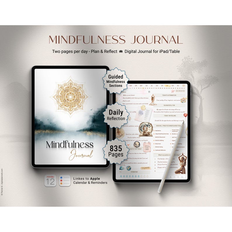 Digital Mindfulness Journal for iPad/Tablet, hyperlinked with Daily Reflection pages — 835 pages, 60 covers, links to Apple Calendar & Reminders