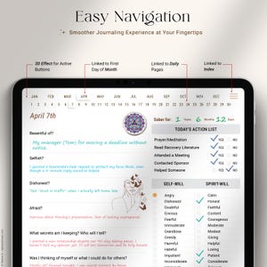 May include: A digital tablet screen showing a journal app interface. The app includes a calendar, daily action lists, and self-reflection prompts. The screen displays the date April 7th, with options for daily journaling and self-assessment.