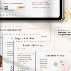 Mindfulness journal with quick access to all sections through the footer menu, including personal growth, emotional well-being, challenges, and mindfulness practices.