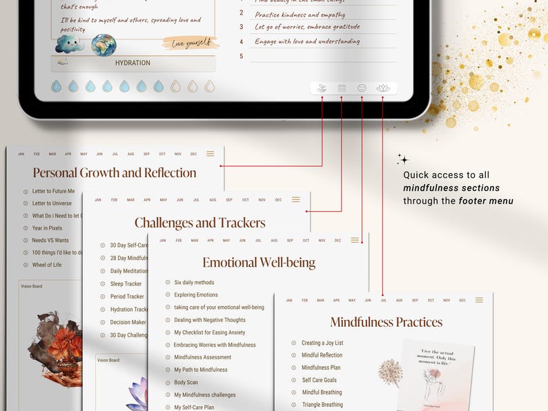 Mindfulness journal with quick access to all sections through the footer menu, including personal growth, emotional well-being, challenges, and mindfulness practices.