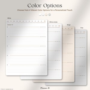 May include: Four different color options for a planner. The planner is a monthly calendar with a section for daily notes. The colors are white, white smoke, beige, and gray.