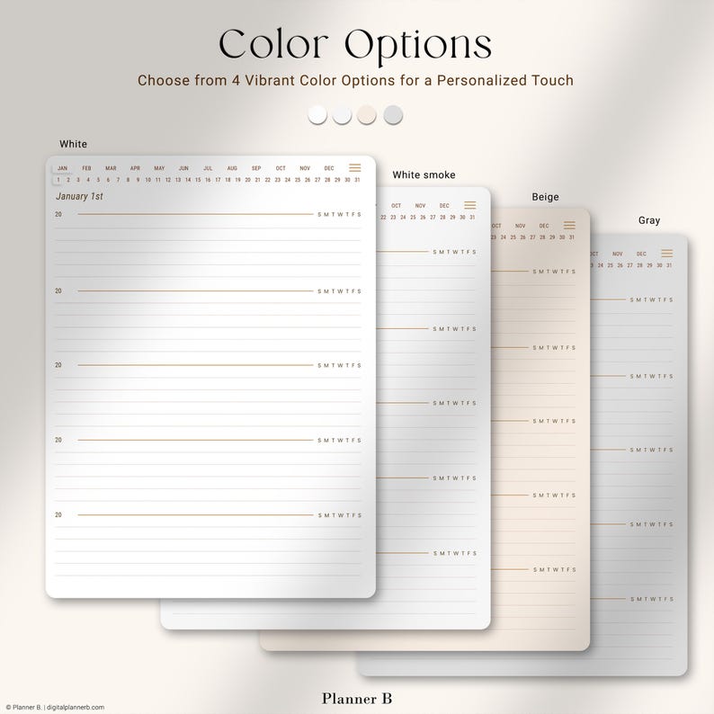 May include: Four different color options for a planner. The planner is a monthly calendar with a section for daily notes. The colors are white, white smoke, beige, and gray.