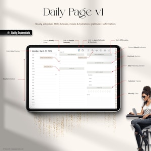 May include: Digital planner interface titled "Daily Page v1" with sections for hourly schedules, tasks, meals, and hydration. The interface includes a date display, weekly links, and a gratitude section. A woman is sitting next to the planner.