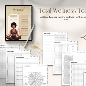 Undated Black Girl Digital Planner wellness toolkit with trackers for habits, hydration, mood, sleep, period cycle, and wheel of life. Fully hyperlinked planner compatible with Goodnotes, Notability, and iPad.