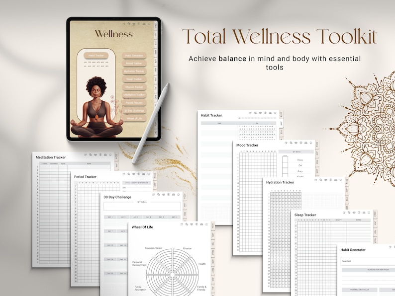 Undated Black Girl Digital Planner wellness toolkit with trackers for habits, hydration, mood, sleep, period cycle, and wheel of life. Fully hyperlinked planner compatible with Goodnotes, Notability, and iPad.
