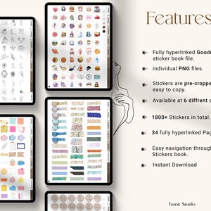 K&ouml;nnte beinhalten: Eine digitale Illustration eines Goodnotes-Stickerbuchs mit &uuml;ber 1800 Stickern in 6 verschiedenen Farben. Die Sticker sind vorgefertigt und einfach zu kopieren. Das Buch hat 34 vollst&auml;ndig verlinkte Seiten und ist zum sofortigen Download verf&uuml;gbar.