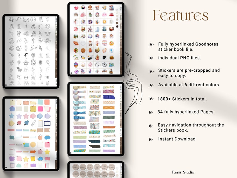 K&ouml;nnte beinhalten: Eine digitale Illustration eines Goodnotes-Stickerbuchs mit &uuml;ber 1800 Stickern in 6 verschiedenen Farben. Die Sticker sind vorgefertigt und einfach zu kopieren. Das Buch hat 34 vollst&auml;ndig verlinkte Seiten und ist zum sofortigen Download verf&uuml;gbar.