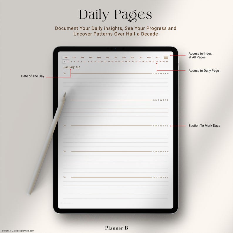 May include: A digital planner app interface with a daily page layout. The page is titled "Daily Pages" and includes a calendar overview, a section for daily notes, and a section to mark days. The date is January 1st.