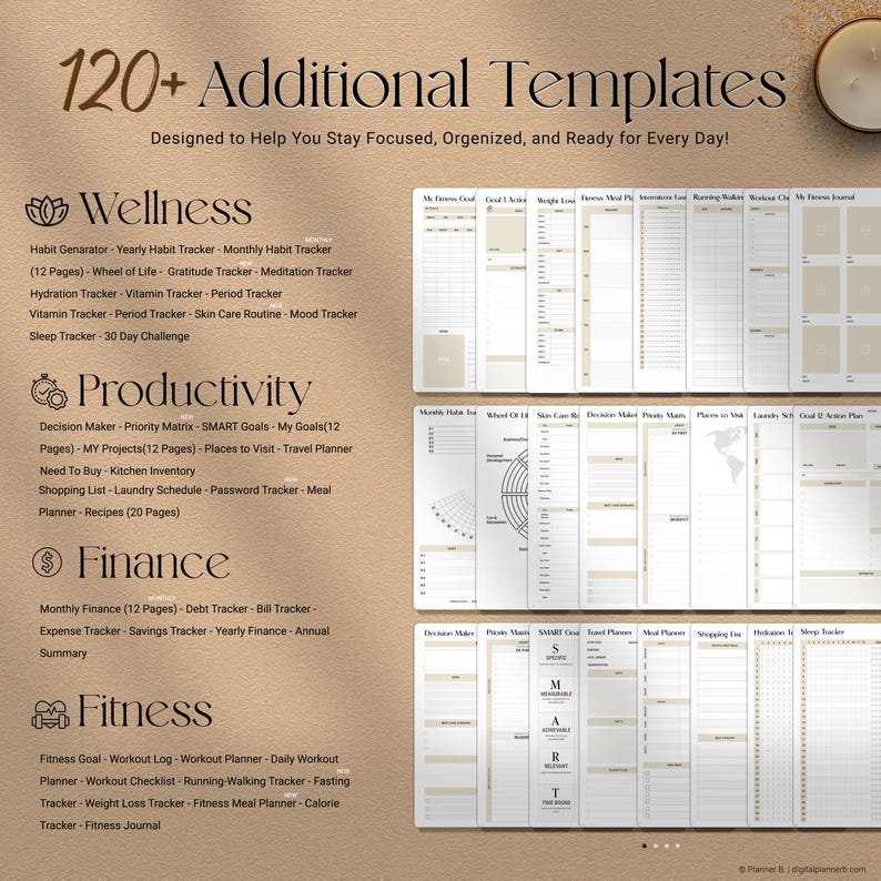 120+ additional templates for wellness, fitness, productivity, and finance – habit trackers, goal planners, sleep and mood logs