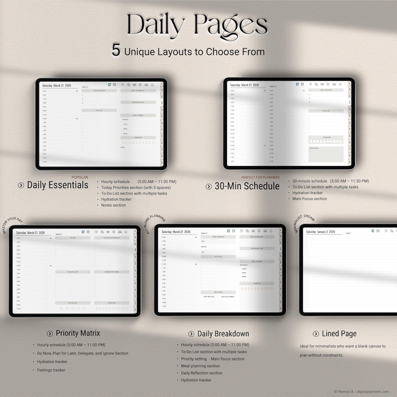 May include: An image showcasing five digital planner layouts titled "Daily Pages." The layouts include "Daily Essentials," "30-Min Schedule," "Priority Matrix," "Daily Breakdown," and "Lined Page." Each layout is displayed on a tablet with a white background.