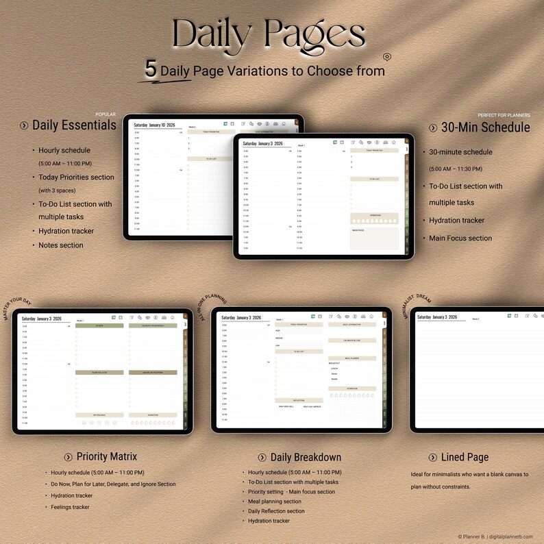 5 daily page layouts in digital planner – hourly schedule, to-do list, hydration tracker, daily reflection, and lined page