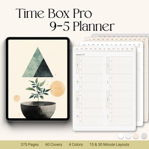 Op de afbeelding: Een digitale planner met een geometrisch ontwerp op de omslag. De planner heeft de titel "Time Box Pro 9-5 Planner". Hij heeft 375 pagina's, 60 omslagen, 4 kleuren en 15- en 30-minuten lay-outs.