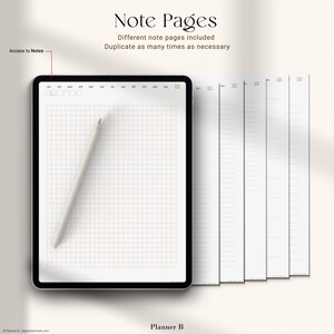May include: A digital planner with a black border, featuring grid-lined note pages and a stylus. The text "Note Pages" and "Different note pages included" are visible. Additional note pages are displayed to the right. The planner is designed by Planner B.