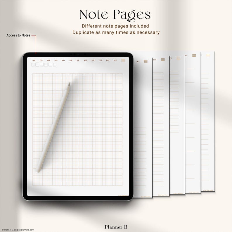 May include: A digital planner with a black border, featuring grid-lined note pages and a stylus. The text "Note Pages" and "Different note pages included" are visible. Additional note pages are displayed to the right. The planner is designed by Planner B.