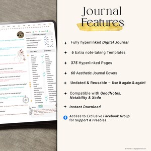 May include: Digital journal features are listed, including 375 hyperlinked pages, 60 aesthetic covers, and an undated design. Compatible with GoodNotes, Notability, and Xodo. Includes access to a Facebook group for support and freebies.