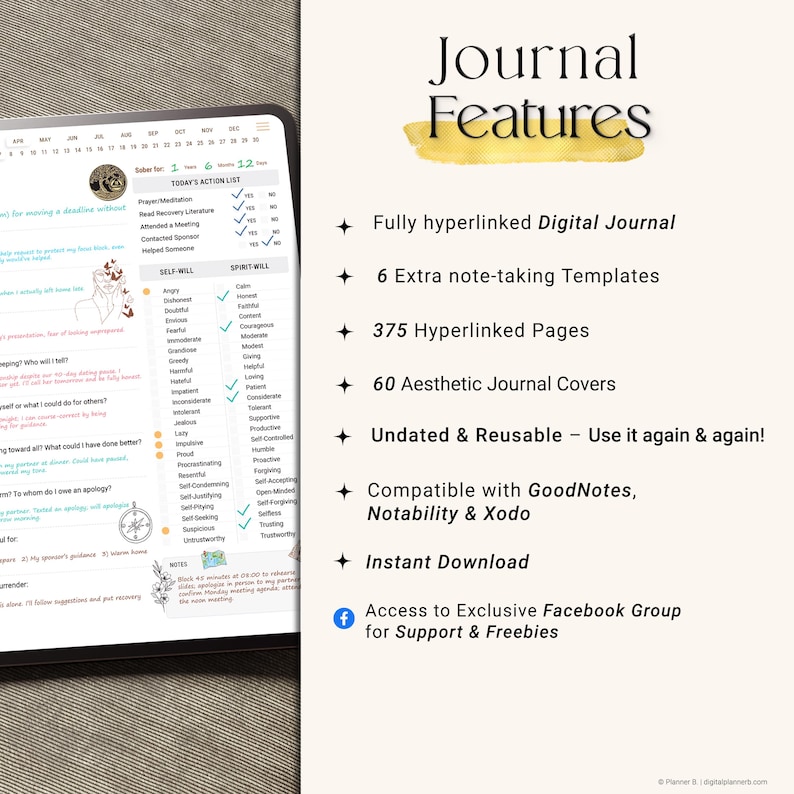 May include: Digital journal features are listed, including 375 hyperlinked pages, 60 aesthetic covers, and an undated design. Compatible with GoodNotes, Notability, and Xodo. Includes access to a Facebook group for support and freebies.