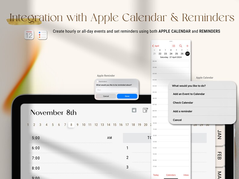 Undated Black Girl Digital Planner with Apple Calendar and Reminders integration, showing event scheduling and reminder setup for seamless daily planning on iPad and Goodnotes.