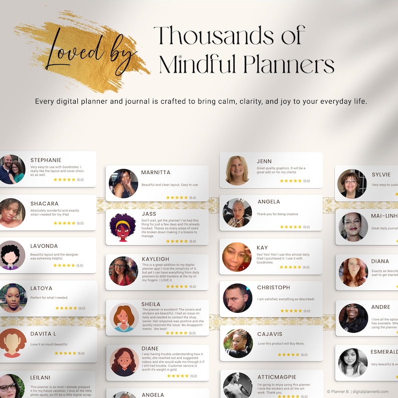 May include: An advertisement for digital planners, featuring customer testimonials. The text states "Loved by Thousands of Mindful Planners." The design includes customer reviews and a gold brushstroke.