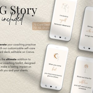 May include: A set of 70 customisable self-care cards designed for coaches. The cards feature illustrations of a moon, sun, and a person with their arms outstretched. The text on the cards includes phrases like "I'm kind to myself because I deserve it" and "When you come first, you have more love to give to others".