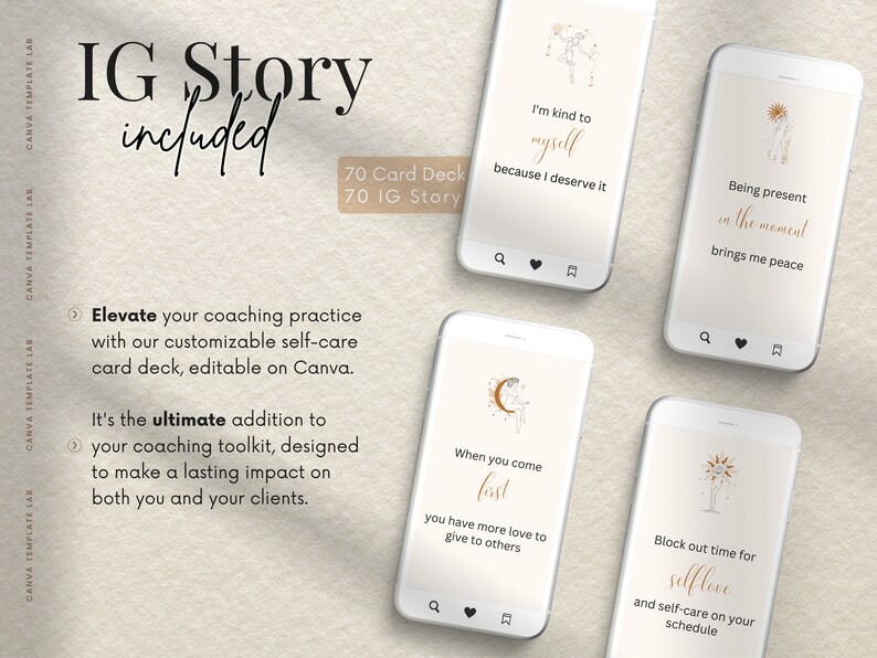 May include: A set of 70 customisable self-care cards designed for coaches. The cards feature illustrations of a moon, sun, and a person with their arms outstretched. The text on the cards includes phrases like "I'm kind to myself because I deserve it" and "When you come first, you have more love to give to others".