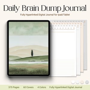 May include: A digital journal for iPad or tablet with a watercolour landscape cover. The journal has 375 pages, 60 covers, and 4 colours. The text "Daily Brain Dump Journal" and "Fully Hyperlinked Digital Journal for iPad/Tablet" is displayed on the image.