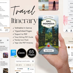 May include: A digital travel itinerary template for Bali, Indonesia, with a photo of a traditional gate and a woman in a red dress walking down a path. The template is customizable and includes 65 pages, with features like hyperlinked pages, easy editing, and a handy icon pack. The template is designed to be used with Canva.