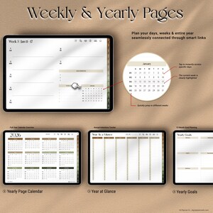 Weekly and yearly planner pages – goal setting, calendar overview, yearly intentions, and month-by-month planning