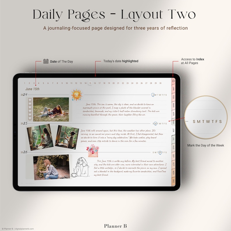 Pu&ograve; includere: Un layout di pianificatore digitale intitolato "Daily Pages - Layout Two" con suggerimenti di journaling per tre anni di riflessione. Il design include una visualizzazione della data, sezioni fotografiche e un selettore del giorno della settimana. Il testo include "June 15th".