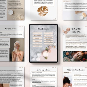 Op de afbeelding: Een gids voor huidverzorgingsroutines met een roze en witte achtergrond. De gids bevat secties over ochtend- en avondhuidverzorgingsroutines, actieve ingredi&euml;nten, reinigingsmiddelen en slaapmaskers. De gids bevat ook een sectie over de basisprincipes van huidverzorgingsroutines.
