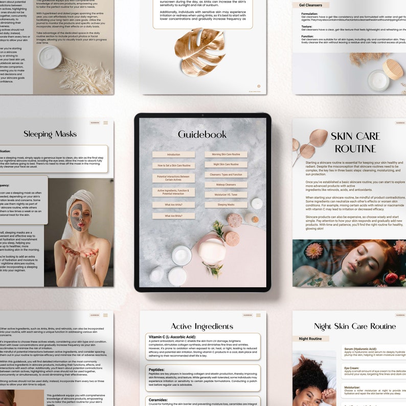Op de afbeelding: Een gids voor huidverzorgingsroutines met een roze en witte achtergrond. De gids bevat secties over ochtend- en avondhuidverzorgingsroutines, actieve ingredi&euml;nten, reinigingsmiddelen en slaapmaskers. De gids bevat ook een sectie over de basisprincipes van huidverzorgingsroutines.