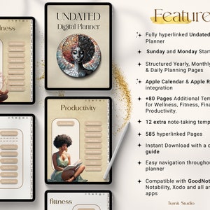 Undated Black Girl Digital Planner features preview – wellness, finance, productivity and fitness templates, 585 hyperlinked pages, Apple Calendar integration, and compatible with Goodnotes and Notability.