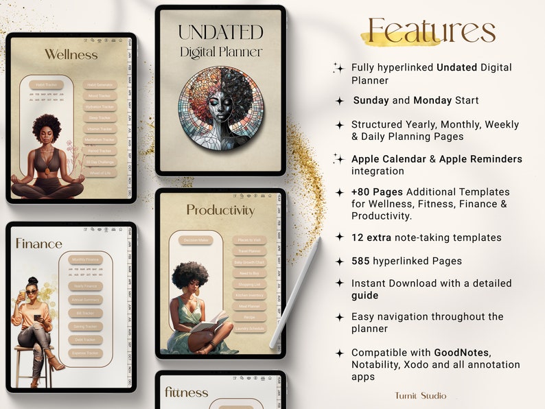 Undated Black Girl Digital Planner features preview – wellness, finance, productivity and fitness templates, 585 hyperlinked pages, Apple Calendar integration, and compatible with Goodnotes and Notability.