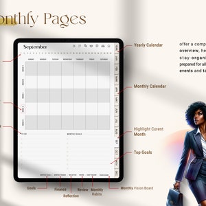 Undated Black Girl Digital Planner monthly pages view, showing hyperlinked calendar with goals, priorities, and vision board, compatible with Goodnotes and Notability for iPad planning.