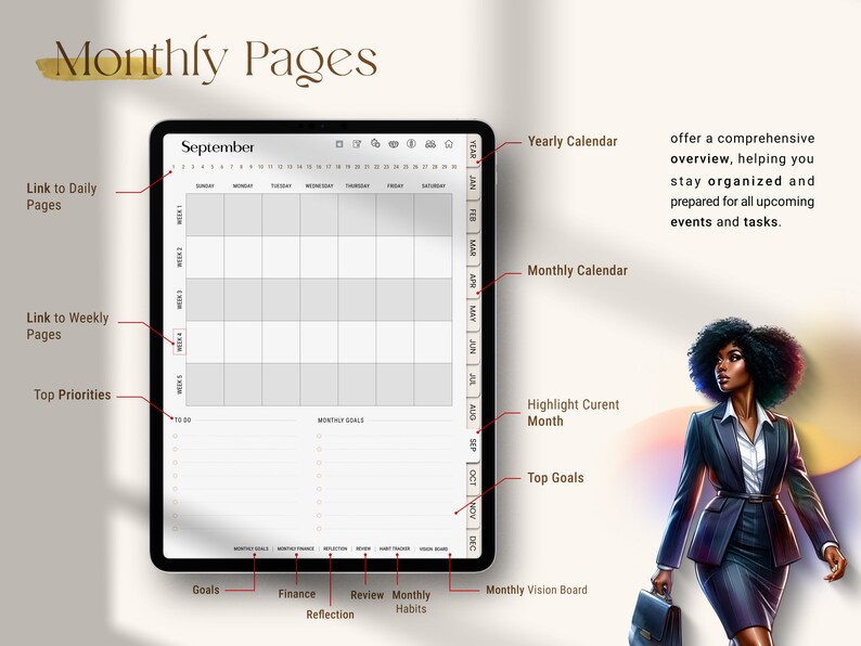Undated Black Girl Digital Planner monthly pages view, showing hyperlinked calendar with goals, priorities, and vision board, compatible with Goodnotes and Notability for iPad planning.