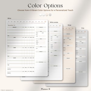 Daily Food Diary Color Options — Choose from 4 background colors (White, White Smoke, Beige, Gray) for your wellness and meal tracking journal. Includes hydration tracker, sleep log, mood tracking, steps, workout, and reflection sections.