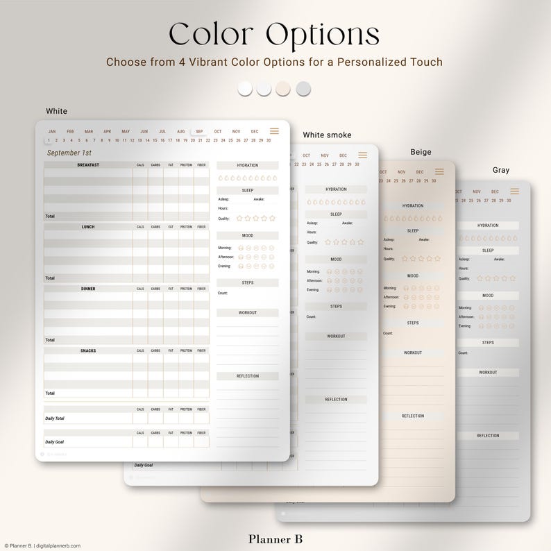 Daily Food Diary Color Options — Choose from 4 background colors (White, White Smoke, Beige, Gray) for your wellness and meal tracking journal. Includes hydration tracker, sleep log, mood tracking, steps, workout, and reflection sections.