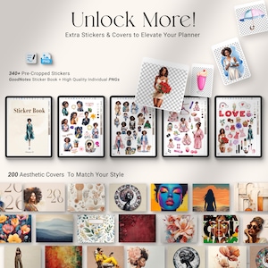 May include: Digital planner stickers and covers. The image shows a collection of digital stickers and covers for planners, with the text "Unlock More!" and "Extra Stickers & Covers to Elevate Your Planner." The image includes various sticker designs and cover art.
