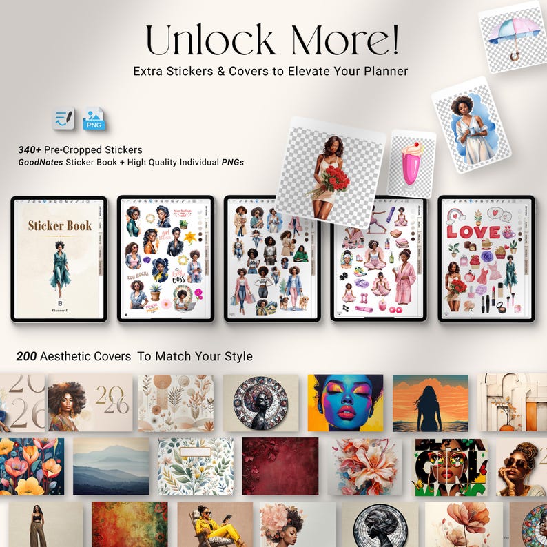 May include: Digital planner stickers and covers. The image shows a collection of digital stickers and covers for planners, with the text "Unlock More!" and "Extra Stickers & Covers to Elevate Your Planner." The image includes various sticker designs and cover art.