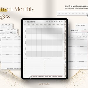 Undated Black Girl Digital Planner with 6 different monthly page layouts, including monthly goals, finance, habit tracker, and reflection pages, fully hyperlinked for iPad use in Goodnotes and Notability.
