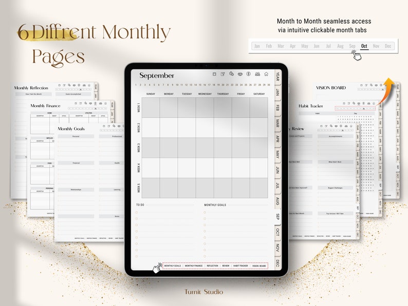 Undated Black Girl Digital Planner with 6 different monthly page layouts, including monthly goals, finance, habit tracker, and reflection pages, fully hyperlinked for iPad use in Goodnotes and Notability.