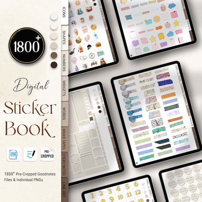 K&ouml;nnte beinhalten: Ein digitales Stickerbuch mit &uuml;ber 1800 vorgefertigten Stickern, darunter Icons, Formen, Zahlen, Widgets, Washi Tapes, Haftnotizen und Linienkunst. Die Sticker sind in Kategorien geordnet und auf einem Tablet-Bildschirm dargestellt.