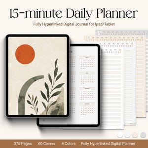 Può includere: Un planner digitale con un design minimalista che presenta un cerchio rosso, foglie verdi e un arco marrone. Il planner è completamente ipercollegato e include 375 pagine, 60 copertine e 4 colori. Il testo "15-minute Daily Planner" è nella parte superiore dell'immagine.