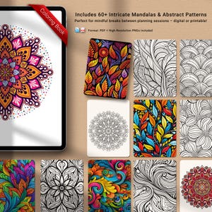 Intricate digital coloring book for iPad with mandala and abstract designs – printable and digital PDF and PNG format
